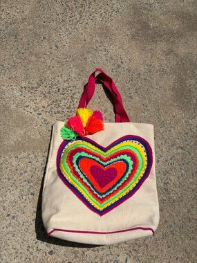 Canvas Tote Bag with Neon Heart Embroidery - Pink Handles